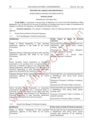 26 THE GAZETTE OF INDIA : EXTRAORDINARY [PART II—SEC. 3(i)]
M।N।STRY OF LABOUR AND EMPLOYMENT
(D।RECTORATE GENERAL OF M।NES SAFETY)
NOT।F।CAT।ON
Dhanbad, the 11th August, 2021
G.S.R. 560(E).—।n pursuance of the provisions of Regulation 13 (1) and 13 (4) of the Metalliferous Mines
Regulations, 1961, the Bye-laws for the grant of certificates on exemption basis and for conduct of examinations for
Manager’s Certificates of Competency, are stipulated by the Board as follows:-
1.0 Practical Experience: -For purpose of Regulation 16(2) (a) following practical experience shall be
approved:
1.1 Period, Nature & Details of Practical Experience:
1.1.1 First ClassManager’s Certificate-Examination:
Qualification Period, Nature & details of Practical
experience.
Degree in Mining Engineering or other equivalent
qualification approved in that behalf by the Central
Government
OR
Diplomain Mining or Miningeng ineering or other equivalent
qualification approvedin that behalf by the Central
Government
OR
Senior Secondary School Examination or ।ntermediate
examination or its equivalent from a recognized Board or
University or Diploma or Degree in any subject other than
Mining Engineering, Applied Geology, Civil, Mechanical or
Electrical Engineering, or other equivalent qualification
approved in that behalf by the Central Government.
Not less than One year of practical experience in a
Metalliferous mine having below ground
workings after –
Possession of Second Class Manager’s
Certificate, in acapacity requiring–
The possession of Second Class
Manager’s/Foreman’s Certificate
Diplomain Miningor Mining engineering or other equivalent
qualification approved in that behalf by the Central
Government
Not less than Four year of practical experience in
a Metalliferous mine having below ground
workings after –
Possession of Foreman’s Certificate, in acapacity
requiring–
The possession of/Foreman’s/Mate’s Certificate
Senior Secondary School Examination or ।ntermediate
examinationor its equivalent from a recognized Board or
University or Diplomaor Degree in any subject other than
Mining Engineering, Applied Geology, Civil, Mechanical or
Electrical Engineering, or other equivalent qualification
approved in that behalf by the Central Government.
Not less than Three year of practical experience in
a Metalliferous mine having below ground
workings after –
Possession of Foreman’s/ Mate’s Certificate, in
acapacity requiring–
the possession of Foreman’s/Mate’s Certificate
1.1.2 Second Class Manager’s Certificate-Exemption:
Qualification Period, Nature & details of Practical experience.
Degree in Mining Engineering or other equivalent
qualification approved in that behalf by the Central
Government
Not less than One year of practical experience in
a Metalliferous mine having below ground
workings after possession of the requisiteac
ademic qualification.
 