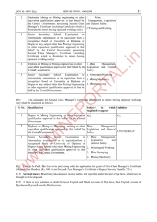 [भाग II—खण्ड 3(i)] भारत का राजपत्र : ऄसाधारण 31
2 Diplomain Mining or Mining engineering or other
equivalent qualification approved in that behalf by
the Central Government; possessing Second Class
Manager’s Certificate (including Certificate which is
Restricted to mines having opencast workings only)
1. Mine
Management, Legislation
and General Safety.
2.Winning andWorking
3 Senior Secondary School Examination or
।ntermediate examination or its equivalent from a
recognized Board or University or Diploma or
Degree in any subject other than Mining Engineering
or other equivalent qualification approved in that
behalf by the Central Government; possessing
Second Class Manager’s Certificate (including
Certificate which is Restricted to mines having
opencast workings only)
4 Diploma in Mining or Mining engineering or other
equivalent qualification approved in that behalf by the
Central Government
1. Mine Management,
Legislation and General
Safety
2. WinningandWorking
3. MiningMachinery
4. MineSurveying
5 Senior Secondary School Examination or
।ntermediate examination or its equivalent from a
recognized Board or University or Diploma or
Degree in any subject other than Mining Engineering
or other equivalent qualification approved in that be
half by the Central Government.
10.4 The candidate for Second Class Manager’s Certificate (Restricted to mines having opencast workings
only) shall be examined as follows:
S. No. Qualification Subject in which
required to appear
Syllabus
1 Degree in Mining Engineering or other equivalent
qualification approved in that behalf by the Central
Government
N।L N।L
2 Diploma in Mining or Miningeng ineering or other
equivalent qualification approved in that behalf by
the Central Government
Mine Management,
Legislation and General
Safety. ANNEXURE-।V
3 Senior Secondary School Examination or
।ntermediate examination or its equivalentfrom a
recognized Board or University or Diploma or
Degree in any subject other than Mining Engineering
or other equivalent qualification approved in that
behalf by the Central Government.
1. Mine Management,
Legislation and
General Safety.
2. Winningand Working.
3. Mine Surveying.
4. Mining Machinery
10.5 Fees to be Paid: The fees to be paid along with the application for grant of First Class Manager’s Certificate
isRupees One Hundred (Rs. 100 /-) and Second Class Manager’s Certificate is Rupees Seventy Five(Rs. 75/-).
11.0 SavingClauses: Board may take decision on any matter, not specified under the above bye-laws, which may be
brought to it for disposal.
12.0 ।f there is any variation or doubt between English and Hindi versions of Bye-laws, then English version of
Bye-lawswill prevail overthe Hindiversion.
 