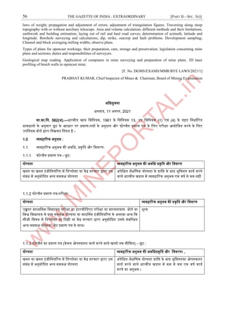 56 THE GAZETTE OF INDIA : EXTRAORDINARY [PART II—SEC. 3(i)]
laws of weight; propagation and adjustment of errors; adjustment of triangulation figures. Traversing along steep
topography with or without auxiliary telescope. Area and volume calculation; different methods and their limitations;
earthwork and building estimation; laying out of rail and haul road curves; determination of azimuth, latitude and
longitude. Borehole surveying and calculations; dip, strike, outcrop and fault problems. Development sampling;
Channel and block averaging milling widths; observe plans.
Types of plans for opencast workings; their preparation, care, storage and preservation; legislation concerning mine
plans and sections; duties and responsibilities of surveyors.
Geological map reading. Application of computers in mine surveying and preparation of mine plans. 3D laser
profiling of bench walls in opencast mine.
[F. No. DGMS/EXAMS/MMR/BYE LAWS/2021/1]
PRABHAT KUMAR, Chief ।nspector of Mines & Chairman, Board of Mining Examination
ऄजधसूचना
धनबाद, 11 ऄगस्ट्त, 2021
सा.का.जन. 562(ऄ).—धात्वीय खान जवजनयम, 1961 के जवजनयम 13, ईप जवजनयम (1) एवं (4) के तहत जनधााररत
प्रावधानों के ऄनुसार छूट के अाधार पर प्रमाण-पत्रों के ऄनुदान और फोरमैन प्रमाण पत्र के जलए परीक्षा अयोजजत करने के जलए
ईपजनयम बोडा द्वारा जनम्नवत जनयत है -
1.0 व्यवहाररक ऄनुभव :
1.1 व्यवहाररक ऄनुभव की ऄवजध, प्रकृजत और जववरण:
1.1.1 फोरमैन प्रमाण पत्र - छूट:
योग्यता व्यवहाररक ऄनुभव की ऄवजध प्रकृजत और जववरण
खनन या खनन आंजीजनयररग में जडप्लोमा या केंर सरकार द्वारा ईस
संबंध में ऄनुमोददत ऄन्द्य समकक्ष योग्यता
ऄपेजक्षत िैक्षजणक योग्यता के प्राजि के बाद भूजमगत काया करने
वाले धात्वीय खदान में व्यवहाररक ऄनुभव एक वर्ा से कम नहीं
1.1.2 फोरमैन प्रमाण पत्र-परीक्षा:
योग्यता व्यवहाररक ऄनुभव की प्रकृजत और जववरण
ईच्चतर माध्यजमक जवद्यालय परीक्षा या आंटरमीजडएट परीक्षा या मान्द्यताप्राि बोडा या
जवश्व जवद्यालय से प्राि समकक्ष योग्यता या माआननग आंजीजनयररग के ऄलावा ऄन्द्य दक
सीभी जवर्य में जडप्लोमा या जडग्री या केंर सरकार द्वारा ऄनुमोददत ईससे संबजन्द्धत
ऄन्द्य समकक्ष योग्यता; मेट प्रमाण पत्र के साथ।
िून्द्य
1.1.3 फोरमैन का प्रमाण पत्र (केवल ओपनकास्ट्ट काया करने वाले खानों तक सीजमत) – छूट :
योग्यता व्यवहाररक ऄनुभव की ऄवजध ,
प्रकृजत और जववरण।
खनन या खनन आंजीजनयररग में जडप्लोमा या केंर सरकार द्वारा ईस
संबंध में ऄनुमोददत ऄन्द्य समकक्ष योग्यता
ऄपेजक्षत िैक्षजणक योग्यता प्राजि के बाद भूजमगतया ओपनकास्ट्ट
काया करने वाले धात्वीय खदान में कम से कम एक वर्ा काया
करने का ऄनुभव ।
 