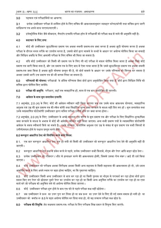 [भाग II—खण्ड 3(i)] भारत का राजपत्र : ऄसाधारण 69
3.0 पहचान एवं परीक्षार्णथयों का अचरण:
3.1 प्रत्येक ईम्पमीदवर परीक्षा में िाजमल होने के जलए सजचव की अवश्यकतानुसार व्यवहार करेगा/करेगी तथा सजचव द्वारा जारी
प्राजधकरण पत्र ऄपने साथ लाएगा/लाएगी ।
3.2 आलेक्रोजनक गैजेट जैसे मोबाआल, लैपटॉप आत्यादद परीक्षा हॉल में परीक्षाथी को परीक्षा कक्ष में लाने की ऄनुमजत नहीं है।
4.0 कदाचार के जलए दण्ड:
4.1 कोइ भी ईम्पमीदवार झुठा/जमथ्या प्रमाण पत्र ऄथवा नकली प्रमाण-पत्र जमा करता है ऄथवा झुठी घोर्णा करता है ऄथवा
परीक्षा के दौरान गलत तरीके का ईपयोग करता है, ईसको बोडा द्वारा मामले के तथ्यों के अधार पर ऄयोग्य घोजर्त दकया जा सिाहै
और जनजित ऄवजध के जलए अगामी परीक्षा के जलए वंजचत भी दकया जा सकता है।
4.2 यदद कोइ ईम्पमीदवार जो दकसी भी प्रमाण पत्र के जलए ली गइ परीक्षा में सफल घोजर्त दकया जाता है ऄथवा जजसे कोइ
प्रमाण पत्र जारी दकया गया है, और ईस प्रमाण पत्र के जलए बाद में ऐसा पाया जाता है दक ईसने झुठा/जमथ्या प्रमाण पत्र ऄथवा नकली
प्रमाण-पत्र जमा दकया है ऄथवा झुठी घोर्णा प्रस्ट्तुत की है, तो बोडा मामले के अधार पर ईसके पररणाम को जनरस्ट्त कर सकता है
ऄथवा ईसको जारी ईि प्रमाण पत्र को भी वापस जलया जा सकता है।
5.0 पररणामों की घोर्णा: परीक्षाओं के ऄंजतम पररणाम जैसा बोडा द्वारा ऄनुमोददत दकया गया है, बोडा द्वारा जनजित जतजथ को
सजचव द्वारा घोजर्त दकए जायेंगे।
6.0 परीक्षा की अवृजत्त: परीक्षाए, जहॉ तक व्यवहाररक हों, साल में एक बार अयोजजत की जाएगी।
7.0 अवेदन के साथ मूल दस्ट्तावेज आत्यादद:
7.1 ऄनुच्छेद, 2.0 (ऄ) के जलए: कोइ भी अवेदन स्ट्वीकार नहीं दकया जाएगा जब तक ईसके साथ अवश्यक योग्यता, व्यवहाररक
ऄनुभव एवं ईम्र की मूल प्रमाण पत्र की स्ट्कैन कॉपी तथा जनधााररत िुल्क जमा करवाने के साक्ष्य नहीं ददए गए हों । मूल दस्ट्तावेज तथा
ईनके स्ट्वप्रमाजणत फोटोकॉपी ईम्पमीदवार द्वारा कजथत परीक्षा ईत्तीणा होने पर जमा करना होगा ।
7.2 ऄनुच्छेद, 2.0 (ब) के जलए: ईम्पमीदवार के ऄच्छे स्ट्वास्ट्थ्य एवं चररत्र के मूल प्रमाण पत्र और परीक्षा के जलए जनधााररत िुल्क/दफस
जमा करवाने के साक्ष्य के ऄभाव में कोइ भी अवेदन स्ट्वीकार नहीं दकया जाएगा। ऄन्द्य सभी प्रमाण पत्रों के स्ट्वप्रमाजणत फोटोकॉपी
अवेदन के समय स्ट्वीकाया दकये जा सकते है। ईनके योग्यता, प्रायोजगक ऄनुभव एवं ईम्र के संबंध में मूल प्रमाण पत्र सभी जवर्यों में
ईत्तीणा/सफल होने के पिात प्रस्ट्तुत करने होगें।
8.0 कम्पप्युटर अधाररत टेस्ट्ट को जनयंजत्रत करने वाले जनयम:
8 .
1 एक बार कम्पप्युटर अधाररत टेस्ट्ट िुरू हो गयी तो दकसी भी ईम्पमीदवार को कम्पप्युटर अधाररत टेस्ट्ट देने की ऄनुमजत नहीं दी
जाएगी ।
8.2 कम्पप्युटर अधाररत टेस्ट्ट कक्ष में प्रवेि करने से पहले, प्रत्येक ईम्पमीदवार सभी दकताबें, नोट्स और पेपर अदद बाहर छोड़ देगा ।
8.3 प्रत्येक ईम्पमीदवार को रजजस्ट्टर / िीट में हस्ट्ताक्षर करने की अवश्यकता होगी, जजसमें ईसका रोल नंबर / अइ डी दजा दकया
जाएगा ।
8.4 कोइ ईम्पमीदवार को परीक्षक ऄथवा जनरीक्षक ऄथवा दकसी ऄन्द्य सहायक से दकसी सहायता की अवश्यकता हो तो, ईसे ध्यान
अकर्णर्त करने के जलए ऄपने स्ट्थान पर खड़ा होना चाजहए, ना दक पुकारना चाजहए।
8.5 कोइ ईम्पमीदवार दकसी ऄन्द्य ईम्पमीदवार से बात कर रहा हो या दकसी पुस्ट्तक या नोट्स से परामिा कर रहा होया बोडा द्वारा
प्रदान दकए गए पेपर को छोड़कर दुसरे पेपर का ईपयोग कर रहा हो या दकसी ऄन्द्य ऄनुजचत तरीके का ईपयोग कर रहा हो या एसा
काया करे जो परीक्षक को ऄनुजचत लगे तो ऄयोग्य घोजर्त दकया जाएगा ।
8.6 कोइ ईम्पमीदवार परीक्षा िुरू होने के बाद एक घंटे से पहले परीक्षा कक्ष नहीं छोड़ेगा ।
8.7 जब ईम्पमीदवार ने प्रश्न का ईत्तर पूरा कर जलया हो या जब प्रश्न का ईत्तर देने के जलए दी गइ समय समाि हो गयी हो या
ईम्पमीदवार को क्लॉज न॰ 8.5 के तहत ऄयोग्य घोजर्त कर ददया गया हो, तो वह तत्काल परीक्षा कक्ष छोड़ दे।
9.0 परीक्षक की जनयुजि :मेट सक्षमता प्रमाण-पत्र- परीक्षा के जलए परीक्षक जनम्न प्रकार से जनयुि दकए जाएंगे-
 