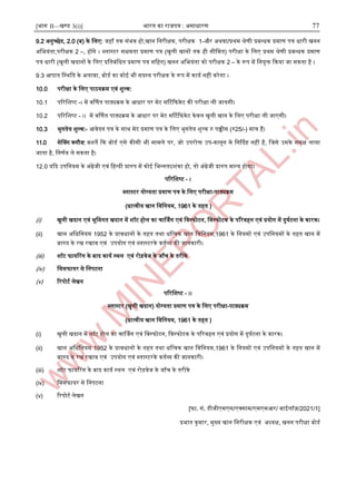 [भाग II—खण्ड 3(i)] भारत का राजपत्र : ऄसाधारण 77
9.2 ऄनुच्छेद, 2.0 (ब) के जलए: जहाूँ तक संभव हो,खान जनरीक्षक, परीक्षक 1-और ऄथवा/प्रथम श्रेणी प्रबन्द्धक प्रमाण पत्र धारी खनन
ऄजभयंता,परीक्षक 2 –, होंगे । ब्लास्ट्टर सक्षमता प्रमाण पत्र (खुली खानों तक ही सीजमत) परीक्षा के जलए प्रथम श्रेणी प्रबन्द्धक प्रमाण
पत्र धारी (खुली खदानों के जलए प्रजतबंजधत प्रमाण पत्र सजहत) खनन ऄजभयंता को परीक्षक 2 – के रूप में जनयुि दकया जा सकता है ।
9.3 अपात जस्ट्थजत के ऄलावा, बोडा का कोइ भी सदस्ट्य परीक्षक के रूप में काया नहीं करेगा ।
10.0 परीक्षा के जलए पाठयक्रम एवं िुल्क:
10.1 पररजिष्ट -। में वर्णणत पाठ्यक्रम के अधार पर मेट सर्टटदफकेट की परीक्षा ली जायगी।
10.2 पररजिष्ट - ।। में वर्णणत पाठ्यक्रम के अधार पर मेट सर्टटदफकेट केवल खुली खान के जलए परीक्षा ली जाएगी।
10.3 भुगतेय िुल्क:- अवेदन पत्र के साथ मेट प्रमाण पत्र के जलए भुगतेय िुल्क रु पच्चीस (रु25/-) मात्र हैं।
11.0 सेनवग क्लौज: बिते दक बोडा एसे कीसी भी मामले पर, जो ईपरोि ईप-कानून मे जनर्ददष्ट नहीं है, जजसे ईसके समक्ष लाया
जाता है, जनणाय ले सकता है।
12.0 यदद ईपजनयम के ऄंग्रेजी एवं जहन्द्दी प्रारुप में कोइ जभन्द्नता/िंका हो, तो ऄंग्रेजी प्रारुप मान्द्य होगा।
पररजिष्ट - ।
ब्लास्ट्टर योग्यता प्रमाण पत्र के जलए परीक्षा-पाठ्यक्रम
(धात्वीय खान जवजनयम, 1961 के तहत )
(i) खुली खदान एवं भूजमगत खदान में िॉट होल का चार्थजग एवं जवस्ट्फोटन, जवस्ट्फोटक के पररवहन एवं प्रयोग में दुघाटना के कारक।
(ii) खान ऄजधजनयम 1952 के प्रावधानों के तहत तथा धजत्वक खान जवजनयम,1961 के जनयमों एवं ईपजनयमों के तहत खान में
बारुद के रख रखाव एवं ईपयोग एवं ब्लास्ट्टरके कताव्य की जानकारी।
(iii) िॉट फायररग के बाद काया स्ट्थल एवं रोड़वेज के जाूँच के तरीके
(iv) जमसफायर से जनपटना
(v) ररपोटा लेखन
पररजिष्ट - ।।
ब्लास्ट्टर (खुली खदान) योग्यता प्रमाण पत्र के जलए परीक्षा-पाठ्यक्रम
(धात्वीय खान जवजनयम, 1961 के तहत )
(i) खुली खदान में िॉट होल का चार्थजग एवं जवस्ट्फोटन, जवस्ट्फोटक के पररवहन एवं प्रयोग में दुघाटना के कारक।
(ii) खान ऄजधजनयम 1952 के प्रावधानों के तहत तथा धजत्वक खान जवजनयम,1961 के जनयमों एवं ईपजनयमों के तहत खान में
बारुद के रख रखाव एवं ईपयोग एवं ब्लास्ट्टरके कताव्य की जानकारी।
(iii) िॉट फायररग के बाद काया स्ट्थल एवं रोड़वेज के जाूँच के तरीके
(iv) जमसफायर से जनपटना
(v) ररपोटा लेखन
[फा. सं. डीजीएमएस/एक्साम/एमएमअर/ बाइलॉज़/2021/1]
प्रभात कुमार, मुख्य खान जनरीक्षक एवं ऄध्यक्ष, खनन परीक्षा बोडा
 