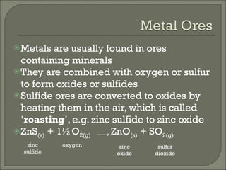 Metals are usually found in ores containing minerals They are combined with oxygen or sulfur to form oxides or sulfides Sulfide ores are converted to oxides by heating them in the air, which is called ‘ roasting ’, e.g. zinc sulfide to zinc oxide ZnS (s)  + 1½O 2(g)   ZnO (s)  + SO 2(g) zinc sulfide oxygen zinc oxide sulfur dioxide 