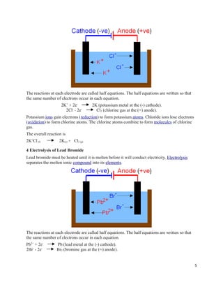 The reactions at each electrode are called half equations. The half equations are written so that
the same number of electrons occur in each equation.
2K+
+ 2e-
2K (potassium metal at the (-) cathode).
2Cl-
- 2e-
Cl2 (chlorine gas at the (+) anode).
Potassium ions gain electrons (reduction) to form potassium atoms. Chloride ions lose electrons
(oxidation) to form chlorine atoms. The chlorine atoms combine to form molecules of chlorine
gas.
The overall reaction is
2K+
Cl-
(l) 2K(s) + Cl2 (g)
4 Electrolysis of Lead Bromide
Lead bromide must be heated until it is molten before it will conduct electricity. Electrolysis
separates the molten ionic compound into its elements.
The reactions at each electrode are called half equations. The half equations are written so that
the same number of electrons occur in each equation.
Pb2+
+ 2e-
Pb (lead metal at the (-) cathode).
2Br-
- 2e-
Br2 (bromine gas at the (+) anode).
5
 