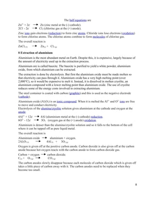 The half equations are
Zn2+
+ 2e-
Zn (zinc metal at the (-) cathode).
2Cl-
- 2e-
Cl2 (chlorine gas at the (+) anode).
Zinc ions gain electrons (reduction) to form zinc atoms. Chloride ions lose electrons (oxidation)
to form chlorine atoms. The chlorine atoms combine to form molecules of chlorine gas.
The overall reaction is
ZnCl2 (l) Zn(s) + Cl2 (g)
8 Extraction of aluminium
Aluminium is the most abundant metal on Earth. Despite this, it is expensive, largely because of
the amount of electricity used up in the extraction process.
Aluminium ore is called bauxite. The bauxite is purified to yield a white powder, aluminium
oxide, from which aluminium can be extracted.
The extraction is done by electrolysis. But first the aluminium oxide must be made molten so
that electricity can pass through it. Aluminium oxide has a very high melting point (over
2,000°C), so it would be expensive to melt it. Instead, it is dissolved in molten cryolite, an
aluminium compound with a lower melting point than aluminium oxide. The use of cryolite
reduces some of the energy costs involved in extracting aluminium.
The steel container is coated with carbon (graphite) and this is used as the negative electrode
(cathode).
Aluminium oxide (Al2O3) is an ionic compound. When it is melted the Al3+
and O2-
ions are free
to move and conduct electricity.
Electrolysis of the alumina/cryolite solution gives aluminium at the cathode and oxygen at the
anode.
4Al3+
+ 12e-
4Al (aluminium metal at the (-) cathode) reduction.
6O2-
- 12e-
3O2 (oxygen gas at the (+) anode) oxidation.
Aluminium is denser than the alumina/cryolite solution and so it falls to the bottom of the cell
where it can be tapped off as pure liquid metal.
The overall reaction is
Aluminium oxide aluminium + oxygen.
2Al2O3 (l) 4Al(l) + 3O2 (g)
Oxygen is given off at the positive carbon anode. Carbon dioxide is also given off at the carbon
anode because hot oxygen reacts with the carbon anode to form carbon dioxide gas.
Carbon + oxygen carbon dioxide.
C(s) + O2 (g) CO2 (g)
The carbon anodes slowly disappear because each molecule of carbon dioxide which is given off
takes a little piece of carbon away with it. The carbon anodes need to be replaced when they
become too small.
8
 