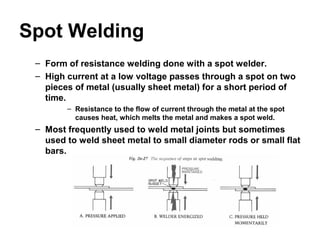 Spot Welding
– Form of resistance welding done with a spot welder.
– High current at a low voltage passes through a spot on two
pieces of metal (usually sheet metal) for a short period of
time.
– Resistance to the flow of current through the metal at the spot
causes heat, which melts the metal and makes a spot weld.
– Most frequently used to weld metal joints but sometimes
used to weld sheet metal to small diameter rods or small flat
bars.
 