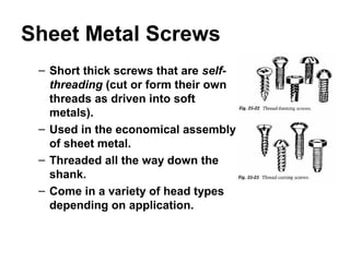 Sheet Metal Screws
– Short thick screws that are self-
threading (cut or form their own
threads as driven into soft
metals).
– Used in the economical assembly
of sheet metal.
– Threaded all the way down the
shank.
– Come in a variety of head types
depending on application.
 
