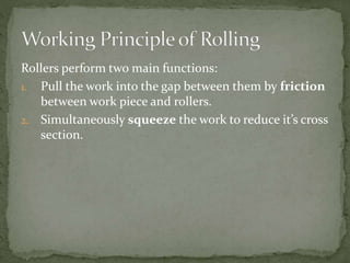 Rollers perform two main functions:
1. Pull the work into the gap between them by friction
between work piece and rollers.
2. Simultaneously squeeze the work to reduce it’s cross
section.
 