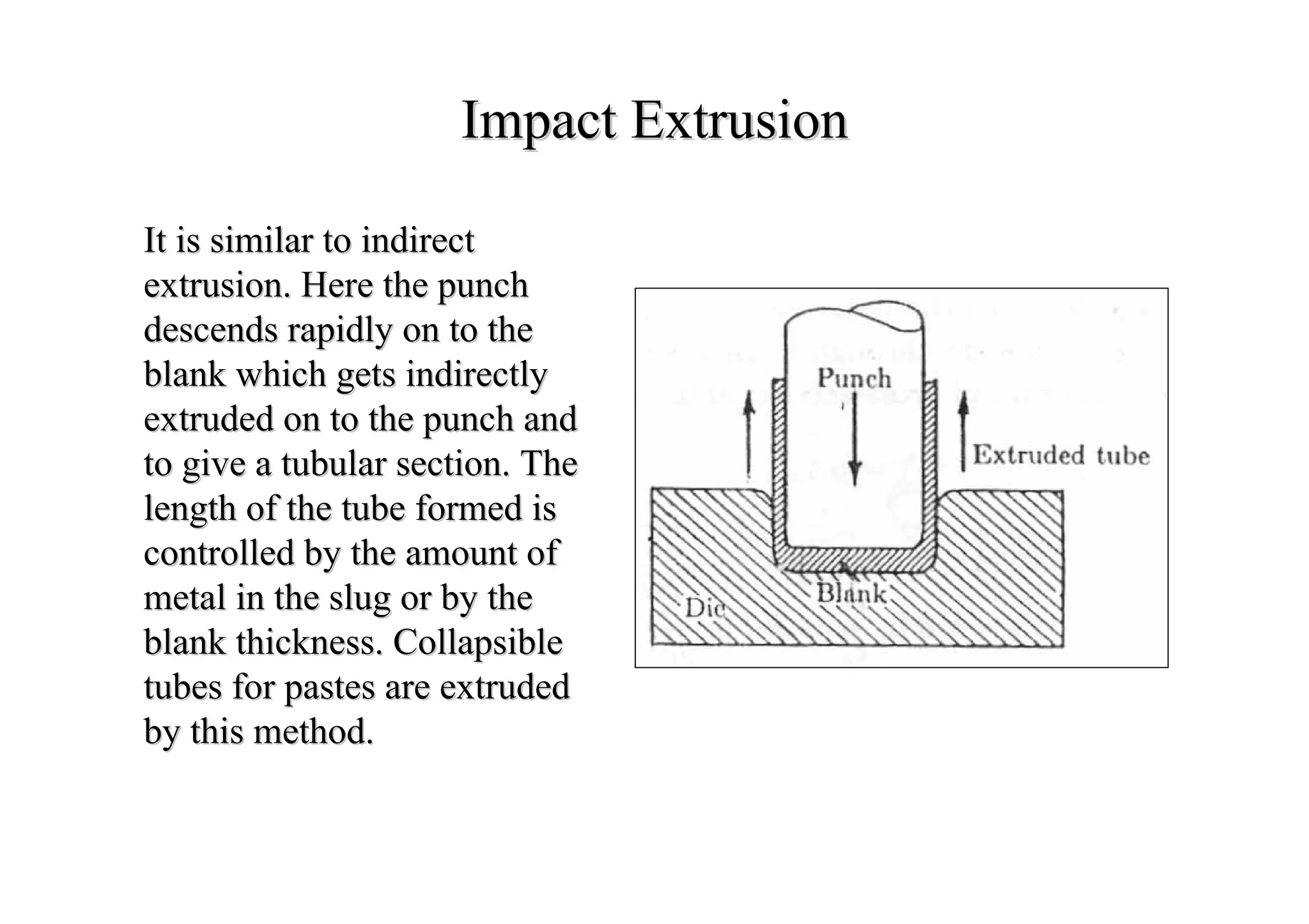 Impact ExtrusionImpact Extrusion
It is similar to indirectIt is similar to indirect
extrusion. Here the punchextrusion. Here the punch
descends rapidly on to thedescends rapidly on to the
blank which gets indirectlyblank which gets indirectly
extruded on to the punch andextruded on to the punch and
to give a tubular section. Theto give a tubular section. The
length of the tube formed islength of the tube formed is
controlled by the amount ofcontrolled by the amount of
metal in the slug or by themetal in the slug or by the
blank thickness. Collapsibleblank thickness. Collapsible
tubes for pastes are extrudedtubes for pastes are extruded
by this method.by this method.
 