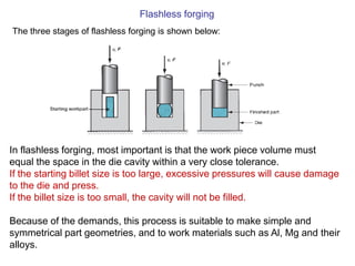 Flashless forging
The three stages of flashless forging is shown below:
In flashless forging, most important is that the work piece volume must
equal the space in the die cavity within a very close tolerance.
If the starting billet size is too large, excessive pressures will cause damage
to the die and press.
If the billet size is too small, the cavity will not be filled.
Because of the demands, this process is suitable to make simple and
symmetrical part geometries, and to work materials such as Al, Mg and their
alloys.
 