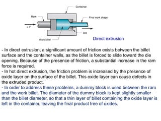 Direct extrusion
- In direct extrusion, a significant amount of friction exists between the billet
surface and the container walls, as the billet is forced to slide toward the die
opening. Because of the presence of friction, a substantial increase in the ram
force is required.
- In hot direct extrusion, the friction problem is increased by the presence of
oxide layer on the surface of the billet. This oxide layer can cause defects in
the extruded product.
- In order to address these problems, a dummy block is used between the ram
and the work billet. The diameter of the dummy block is kept slightly smaller
than the billet diameter, so that a thin layer of billet containing the oxide layer is
left in the container, leaving the final product free of oxides.
 