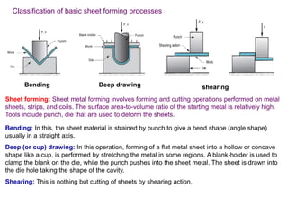 Bending: In this, the sheet material is strained by punch to give a bend shape (angle shape)
usually in a straight axis.
Deep (or cup) drawing: In this operation, forming of a flat metal sheet into a hollow or concave
shape like a cup, is performed by stretching the metal in some regions. A blank-holder is used to
clamp the blank on the die, while the punch pushes into the sheet metal. The sheet is drawn into
the die hole taking the shape of the cavity.
Shearing: This is nothing but cutting of sheets by shearing action.
Sheet forming: Sheet metal forming involves forming and cutting operations performed on metal
sheets, strips, and coils. The surface area-to-volume ratio of the starting metal is relatively high.
Tools include punch, die that are used to deform the sheets.
Classification of basic sheet forming processes
Bending Deep drawing shearing
 