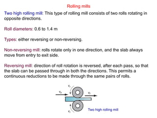 R. Ganesh Narayanan, IITG
Rolling mills
Two high rolling mill: This type of rolling mill consists of two rolls rotating in
opposite directions.
Roll diameters: 0.6 to 1.4 m
Types: either reversing or non-reversing.
Non-reversing mill: rolls rotate only in one direction, and the slab always
move from entry to exit side.
Reversing mill: direction of roll rotation is reversed, after each pass, so that
the slab can be passed through in both the directions. This permits a
continuous reductions to be made through the same pairs of rolls.
Two high rolling mill
 