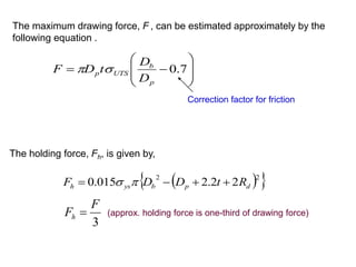 The maximum drawing force, F , can be estimated approximately by the
following equation .








 7.0
p
b
UTSp
D
D
tDF 
Correction factor for friction
The holding force, Fh, is given by,
  22
22.2015.0 dpbysh RtDDF  
3
F
Fh  (approx. holding force is one-third of drawing force)
 