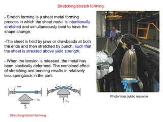 Stretching/stretch forming
- Stretch forming is a sheet metal forming
process in which the sheet metal is intentionally
stretched and simultaneously bent to have the
shape change.
-The sheet is held by jaws or drawbeads at both
the ends and then stretched by punch, such that
the sheet is stressed above yield strength.
- When the tension is released, the metal has
been plastically deformed. The combined effect
of stretching and bending results in relatively
less springback in the part.
Stretching/stretch forming
Photo from public resource
 