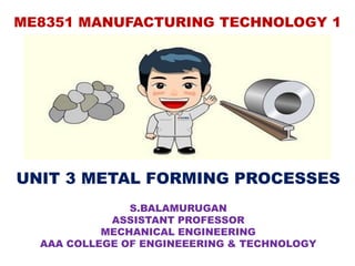 ME8351 MANUFACTURING TECHNOLOGY 1
UNIT 3 METAL FORMING PROCESSES
S.BALAMURUGAN
ASSISTANT PROFESSOR
MECHANICAL ENGINEERING
AAA COLLEGE OF ENGINEEERING & TECHNOLOGY
 