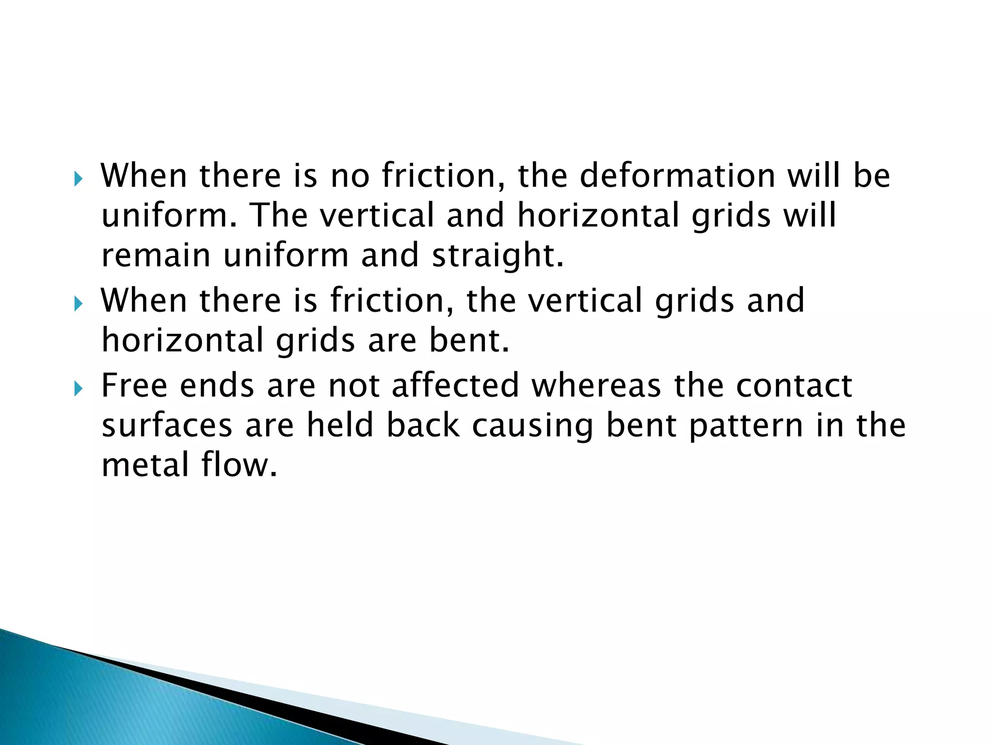  When there is no friction, the deformation will be
uniform. The vertical and horizontal grids will
remain uniform and straight.
 When there is friction, the vertical grids and
horizontal grids are bent.
 Free ends are not affected whereas the contact
surfaces are held back causing bent pattern in the
metal flow.
 