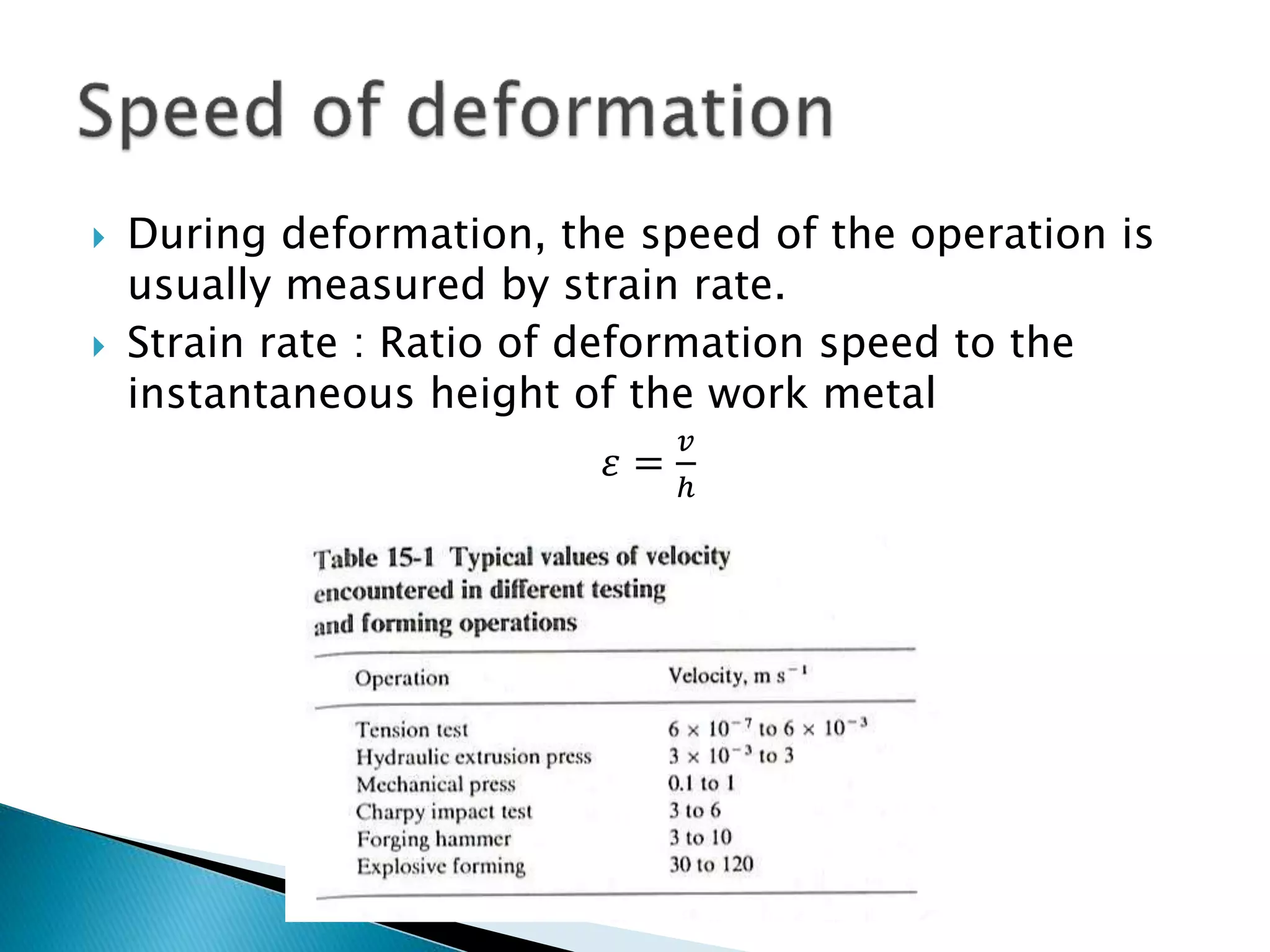  During deformation, the speed of the operation is
usually measured by strain rate.
 Strain rate : Ratio of deformation speed to the
instantaneous height of the work metal
𝜀 =
𝑣
ℎ
 