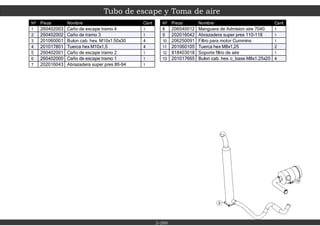 3
13
Tubo de escape y Toma de aire
2-200
Nº Pieza Nombre Cant
1 260402003 Caño de escape tramo 4 1
2 260402002 Caño de tramo 3 1
3 201060001 Bulon cab. hex. M10x1.50x30 4
4 201017801 Tuerca hex M10x1,5 4
5 260402001 Caño de escape tramo 2 1
6 260402000 Caño de escape tramo 1 1
7 202016043 Abrazadera super pres 86-94 1
Nº Pieza Nombre Cant
8 206040012 Manguera de Admision aire 7040 1
9 202016042 Abrazadera super pres 110-118 1
10 206250091 Filtro para motor Cummins 1
11 201060105 Tuerca hex M8x1,25 2
12 818403018 Soporte filtro de aire 1
13 201017665 Bulon cab. hex. c_base M8x1.25x20 4
 