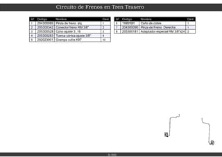 Circuito de Frenos en Tren Trasero
8-300
Nº Codigo Nombre Cant
1 204300089 Pinza de freno izq. 1
2 205300342 Conector freno RM 3/8" 2
3 205300528 Cono ajuste 3_16 3
4 205300283 Tuerca cónica ajuste 3/8" 4
5 202023001 Grampa cufra K97 10
Nº Codigo Nombre Cant
6 116001001 Caño de cobre 1
7 204300090 Pinza de Freno Derecha 1
8 205300181 Adaptador especial RM 3/8"x24 2
 