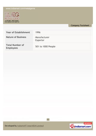 - Company Factsheet -


Year of Establishment   1996

Nature of Business      Manufacturer
                        Exporte...