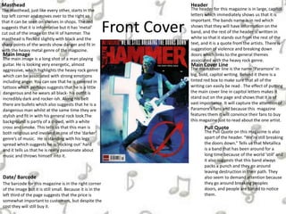 Front Cover
The masthead, just like every other, starts in the
top left corner and moves over to the right so
that it can be seen on shelves in shops. The red
suggests that it is informative but it has ‘metal’
cut out of the image on the H of hammer. The
masthead is flecked slightly with black and the
sharp points of the words show danger and fit in
with the heavy metal genre of the magazine.
Masthead
Main Image
The main image is a long shot of a man playing
guitar. He is looking very energetic, almost
aggressive, which highlights the heavy rock genre
which can be associated with strong emotions
including anger. You can see that he is covered in
tattoos which perhaps suggests that he is a little
dangerous and he wears all black- his outfit is
incredibly dark and rocker-ish. Along his belt
there are bullets which also suggests that he is a
dangerous man whilst at the same time they are
stylish and fit in with his general rock look.The
background is partly of a crowd, with a white
cross and smoke. This tells us that this man is
both religious and involved in one of the ‘darker’
genre’s of music. He is standing with his legs
spread which suggests he is ‘rocking out’ hard
and it tells us that he is really passionate about
music and throws himself into it.
The header for this magazine is in large, capitol
letters which immediately shows us that it is
important. The bands name is in red which
shows that they will have information on the
band, and the rest of the header is written in
white so that it stands out from the rest of the
text, and it is a quote from the artists. There is
suggestion of violence and breaking down
doors which links to the general themes
associated with the heavy rock genre.
The main cover line is the name ‘Paramore’ in
big, bold, capitol writing. Behind it there is a
tinted red box to make sure that all of the
writing can easily be read . The effect of putting
the main cover line in capitol letters makes it
stand out on the page and shows that it is of
vast importance. It will capture the attention of
Paramore’s fans and because this magazine
features them it will convince their fans to buy
this magazine just to read about the one artist.
Header
Main Cover Line
Pull Quote
Date/ Barcode
The barcode for this magazine is in the right corner
of the image but it is still small. Because it is in the
left third of the page suggests that the price is
somewhat important to customers, but despite the
cost they will still buy it.
The Pull Quote on this magazine is also
apart of the header. “We’re still breaking
the doors down.” Tells us that Metallica
is a band that has been around for a
long time because of the world ‘still’ and
it also suggests that this band always
packs a punch and they go around
leaving destruction in their path. They
also seem to demand attention because
they go around breaking peoples
doors, and people are forced to notice
them.
 