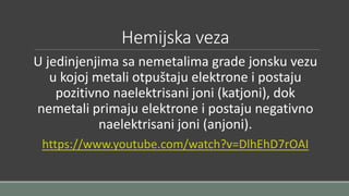 Hemijska veza 
U jedinjenjima sa nemetalima grade jonsku vezu 
u kojoj metali otpuštaju elektrone i postaju 
pozitivno naelektrisani joni (katjoni), dok 
nemetali primaju elektrone i postaju negativno 
naelektrisani joni (anjoni). 
https://www.youtube.com/watch?v=DlhEhD7rOAI 
 