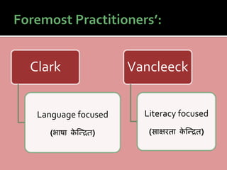 Clark
Language focused
(भाषा के जन्ित)
Vancleeck
Literacy focused
(साक्षरता के जन्ित)
 