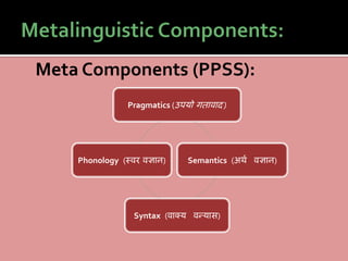 Meta Components (PPSS):
Pragmatics (उपयोचगतावाद )
Semantics (अथश ववज्ञान)
Syntax (वाक्य ववन्यास)
Phonology (स्वरववज्ञान)
 