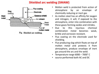 Shielded arc welding (SMAW)
• Molten weld is protected from action of
atmosphere by an envelope of
chemically reducing or inert gas
• As molten steel has an affinity for oxygen
and nitrogen, it will, if exposed to the
atmosphere, enter into combination with
these gases forming oxides and nitrides.
• Due to this injurious chemical
combination metal becomes weak,
brittle and corrosion resistant.
• Flux coating on the electrode used for
shielding.
• Flux producing slag which floats on top of
molten metal and protects it from
atmosphere, produce envelope of inert
gas around the arc and the weld.
• Temperature range 6000 – 7000° C
• source performed both AC and DC
 