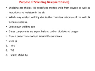 Purpose of Shielding Gas (Inert Gases)
• Shielding gas shields the solidifying molten weld from oxygen as well as
impurities and moisture in the air.
• Which may weaken welding due to the corrosion tolerance of the weld &
Generate porous.
• Cools down welding gun
• Gases components are argon, helium, carbon dioxide and oxygen
• Form a protective envelope around the weld area
• Used in
1. MIG
2. TIG
3. Shield Metal Arc
 