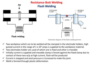 Resistance Butt Welding
Flash Welding
 Two workpiece which are to be welded will be clamped in the electrode holders, high
pulsed current in the range of 1 x 105 amps is supplied to the workpiece material.
 Two electrodes holder are used of which one is fixed and other is movable
 Initially current is supplied and movable clamp is forced against the fixed clamp due to
contact of these two w/p at high current, flash will be produced
 Current is stopped and axial pressure is increased to make the joint.
 Weld is formed through plastic deformation
 