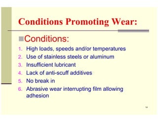 Conditions Promoting Wear:
  Conditions:
1. High loads, speeds and/or temperatures
2. Use of stainless steels or aluminum
...