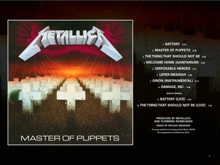 MASTER OF PUPPETS
1. BATTERY 5:10
2. MASTER OF PUPPETS 8:38
3. THE THING THAT SHOULD NOT BE 6:32
4. WELCOME HOME (SANITARIUM) 6:28
5. DISPOSABLE HEROES 8:14
6. LEPER MESSIAH 5:38
7. ORION (INSTRUMENTAL) 8:12
8. DAMAGE, INC. 5:08
BONUS TRACKS:
9. BATTERY (LIVE) 4:53
10. THE THING THAT SHOULD NOT BE (LIVE) 7:02
PRODUCED BY METALLICA
AND FLEMMING RASMUSSEN
MIXED BY MICHAEL WAGENER
All songs published by Creeping Death Music, ASCAP
.
All arrangements by Hetfield and Ulrich
1
 