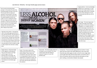 Jack Glennon –Metallica - Kerrang! Double page spread analysis
                                                                                                                                                                                   Target audience – From my knowledge,
Rule of thirds/ Gutenberg design                                                                                                                                                   Metallica are a metal band, it is clear
principle –In this article, the use of the                                                                                                                                         that the main target audience of this
Gutenberg design principle can be seen.                                                                                                                                            double page spread article is intended
The first part that the reader will                                                                                                                                                for fans of the metal genre of music
see/read is the pull quote in the tope                                                                                                                                             and especially those who are a fan of
left known as the primary optical area.                                                                                                                                            Metallica.
This would hopefully convince the
reader to carry on reading the article.
The main image and article carry this
principle on. Also the rule of thirds can
                                                                                                                                                                                   Main image – The main image cover
be seen. No part of the double page is
                                                                                                                                                                                   the right hand page of the double
blank and the main parts of the
                                                                                                                                                                                   page article, it is of the four members
articleare the main focal points (I.e.
                                                                                                                                                                                   of Metallica, it is a medium close up
Main image and pull quote)
                                                                                                                                                                                   with the lead singer at the front so it
                                                                                                                                                                                   is obvious to the reader that he is the
                                                                                                                                                                                   lead singer because he is sat in the
 Type face/ Text content – The type face
                                                                                                                                                                                   middle surrounded by the rest of the
 used in the double page spread article is
                                                                                                                                                                                   band. The image uses high key
 sans serif and serif font. The pull quote is a
                                                                                                                                                                                   lighting which incites a brighter mood
 serif font and the article itself is written in
                                                                                                                                                                                   about the article. All members have a
 a sans serif font. This gives the article both
                                                                                                                                                                                   serious look on their faces, which
 a formal and informal feel. The content of
                                                                                                                                                                                   could represent that they are serious
 the article has a very friendly, informal feel
                                                                                                                                                                                   about their music.
 to it. The introduction to the article is also
 very descriptive so that he readers can get
 an idea of where the interview is taking
 place.


 Design balance– Overall the design                                                          House style – This double page spread and    Comparison- The two double page spreads are similar in many
                                                   Colour –The colours used on this
 of the magazine is well balanced.                                                           its design are very consistent, the colour   ways and one of their only major differences is the music that
                                                   double page spread article are black,
 The size of the article is not huge                                                         scheme works well with helping to            they both play. Both pages are split so that the main image takes
                                                   white and grey. These colours has
 and the image is the more                                                                   represent the genre of music that
                                                   connotations with actual metal, which                                                  up the right hand side and the article itself is on the left. Also in
 dominant item on the page. But                                                              Metallica play.
                                                   is a strong powerful thing, this can be                                                terms of contents, both are very informal interviews as if you
 the combination of the article and
                                                   related back to the genre of metal. The                                                were reading a conversation between two people.
 pull quote cancel this out and bring
                                                   colours do not clash and complement
 more balance to the double page
                                                   each other well and seem attractive to
 spread.
                                                   the audience.
 