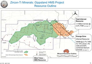 Zircon-Ti Minerals: Gippsland HMS Project
                               Resource Outline



                                                           Total Inferred
                                                           Resource
                                                           1.7 Billion tonnes @
                                                           2.2% THM (see page 13)




                                                           Orange Zone
                                                           Inferred Resource:
                                                           360Mt @ 2.7% THM
                                                           inc 15% zircon, 4%
                                                           rutile and 50%
                                                           combined titanium
                                                           minerals (see page 13)
Inferred Mineral Resource: without an HMS
                      assemblage estimate


Inferred HMS assemblage Mineral Resource



                                            50km2 Area –
                                            HMS Resource
                                                                                14
 
