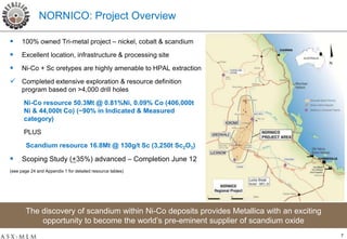 NORNICO: Project Overview

     100% owned Tri-metal project – nickel, cobalt & scandium

     Excellent location, infrastructure & processing site

     Ni-Co + Sc oretypes are highly amenable to HPAL extraction

 Completed extensive exploration & resource definition
      program based on >4,000 drill holes

       Ni-Co resource 50.3Mt @ 0.81%Ni, 0.09% Co (406,000t
       Ni & 44,000t Co) (~90% in Indicated & Measured
       category)
       PLUS

        Scandium resource 16.8Mt @ 130g/t Sc (3,250t Sc2O3)

     Scoping Study (+35%) advanced – Completion June 12
(see page 24 and Appendix 1 for detailed resource tables)




       The discovery of scandium within Ni-Co deposits provides Metallica with an exciting
           opportunity to become the world’s pre-eminent supplier of scandium oxide
                                                                                             7
 