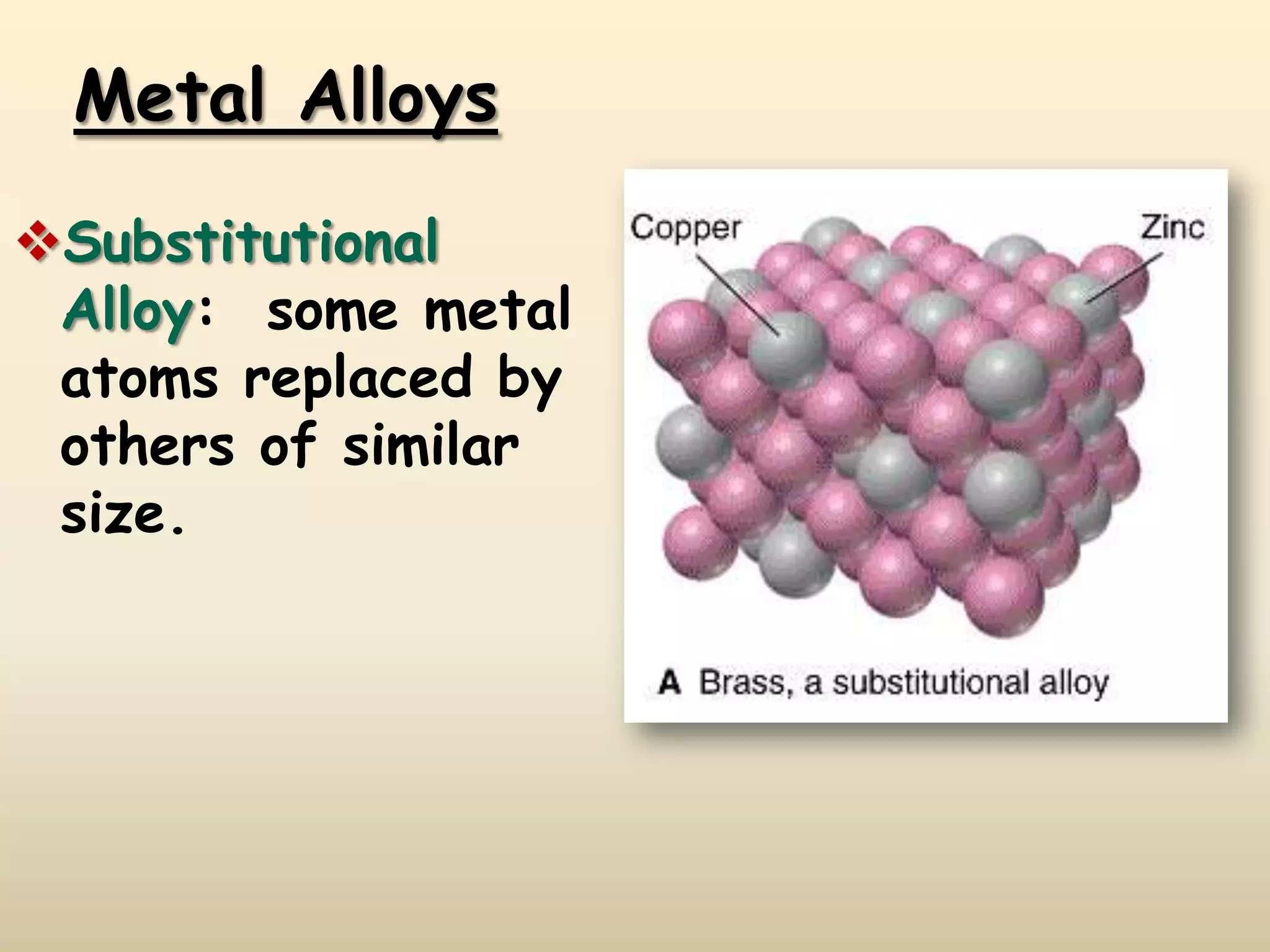 Metal Alloys
Substitutional
Alloy: some metal
atoms replaced by
others of similar
size.