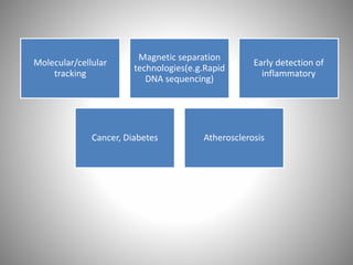 Molecular/cellular
tracking
Magnetic separation
technologies(e.g.Rapid
DNA sequencing)
Early detection of
inflammatory
Cancer, Diabetes Atherosclerosis
 