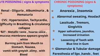 UTE POISONING ( signs & symptoms CHRONIC POISONING (signs &
symptoms)
Anorexia , Insomnia
Abnormal sweating, Headach
Lassitude , Tremors,
Gingivitis
Hyper salivations, Jaundice,
Increased Urination
Loosening of Tooth with
Blue line in Gum
Glomerular & Tubular damage
Paresthesia of lips ,hands , feet
Renal - Oliguria , Albuminuria , &
Hematuria
CVS ; Hypertension, Tachycardia,
Difficulty in Breathing & circulatory
collapse
GIT - Metallic taste , hoarse voice ,
mucous membrane appears greyish
white
Burning pain from Mouth to
Stomach, Nausea,
vomit with greyish ,slimy , with
Blood
 