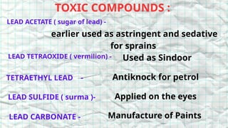 TOXIC COMPOUNDS :
LEAD ACETATE ( sugar of lead) -
LEAD TETRAOXIDE ( vermilion) -
TETRAETHYL LEAD -
LEAD SULFIDE ( surma )-
LEAD CARBONATE -
earlier used as astringent and sedative
for sprains
Used as Sindoor
Antiknock for petrol
Applied on the eyes
Manufacture of Paints
 