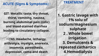 ACUTE (Signs & Symptoms) :
GIT: Metallic taste, dry throat,
thirst, vomiting, nausea,
burning abdominal pain (colic)
and blood-stained diarrhea
leading to circulatory collapse.
• CNS: Headache, lethargy,
arthralgia, myalgia, anorexia,
insomnia, paresthesia,
depression, coma and death
TREATMENT
1. Gastric lavage with
1% solu of
sodium/magnesium
sulphate
2 . Whole bowel
irrigation
3. Demulcents &
repeated cathartics
4.Hemodialysis
 