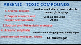 ARSENIC - TOXIC COMPOUNDS
1. Arsenic. Trioxide
used as weed killers , insecticides, Rat
poisons ,fruit sprays
2. Copper arsenite and
copper acetoarsenite -
3.Sodium and Potassium arsenate
- used as colouring pigment and fly paper
5.Arseniuretted hydrogen / Arsine
Used as colouring
Agent
4. Arsenic sulphide
- Colourless gas
 