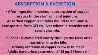 ABSORPTION & EXCRETION
• After ingestion, maximum absorption of copper
occurs In the stomach and jejunum.
Absorbed copper is initially bound to albumin &
transported from GIT to liver where it transferred to
ceruloplasmin.
* Copper is eliminated mostly through the feces after
excretion into the bile.
Urinary excretion of copper is low in humans.
Adults have urinary excretion of 25 µg/24 hours (h).
 