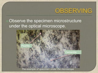 Observe the specimen microstructure
under the optical microscope.
The example of specimen under the microscope
Pearlite
Cementite
 