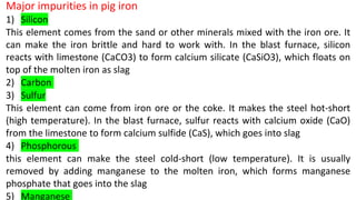Major impurities in pig iron
1) Silicon
This element comes from the sand or other minerals mixed with the iron ore. It
can make the iron brittle and hard to work with. In the blast furnace, silicon
reacts with limestone (CaCO3) to form calcium silicate (CaSiO3), which floats on
top of the molten iron as slag
2) Carbon
3) Sulfur
This element can come from iron ore or the coke. It makes the steel hot-short
(high temperature). In the blast furnace, sulfur reacts with calcium oxide (CaO)
from the limestone to form calcium sulfide (CaS), which goes into slag
4) Phosphorous
this element can make the steel cold-short (low temperature). It is usually
removed by adding manganese to the molten iron, which forms manganese
phosphate that goes into the slag
5) Manganese
 