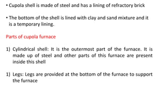 • Cupola shell is made of steel and has a lining of refractory brick
• The bottom of the shell is lined with clay and sand mixture and it
is a temporary lining.
Parts of cupola furnace
1) Cylindrical shell: It is the outermost part of the furnace. It is
made up of steel and other parts of this furnace are present
inside this shell
1) Legs: Legs are provided at the bottom of the furnace to support
the furnace
 