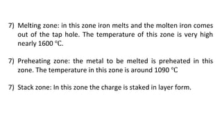 7) Melting zone: in this zone iron melts and the molten iron comes
out of the tap hole. The temperature of this zone is very high
nearly 1600 ℃.
7) Preheating zone: the metal to be melted is preheated in this
zone. The temperature in this zone is around 1090 ℃
7) Stack zone: In this zone the charge is staked in layer form.
 