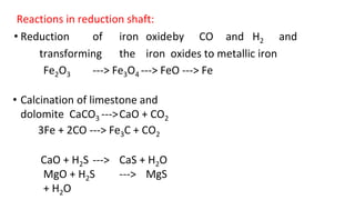 Reactions in reduction shaft:
• Reduction of iron oxideby CO and H2 and
transforming the iron oxides to metallic iron
Fe2O3 ---> Fe3O4 ---> FeO ---> Fe
• Calcination of limestone and
dolomite CaCO3 --->CaO + CO2
3Fe + 2CO ---> Fe3C + CO2
CaO + H2S ---> CaS + H2O
MgO + H2S ---> MgS
+ H2O
 
