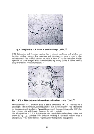 14
Fig. 6. Intergranular SCC occurs in a heat exchanger (X500). [6]
Cold deformation and forming, welding, heat treatment, machining and grinding can
introduce residual stresses. The magnitude and importance of such stresses is often
underestimated. The residual stresses set up as a result of welding operations tend to
approach the yield strength. Stress corrosion cracking usually occurs in certain specific
alloy-environment-stress combinations. [6]
Fig. 7. SCC of 316 stainless steel chemical processing piping system (X300). [6]
Macroscopically, SCC fractures have a brittle appearance. SCC is classified as a
catastrophic form of corrosion, as the detection of such fine cracks can be very difficult and
the damage not easily predicted. Figure (6) micrograph illustrates intergranular SCC of an
heat exchanger tube with the crack following the grain boundaries.
The micrograph of SCC in a 316 stainless steel chemical processing piping system was
shown in Fig. (7). Chloride stress corrosion cracking in austenitic stainless steel is
characterized by the multi-branched "lightning bolt" transgranular crack pattern.
 