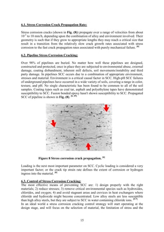15
6.1. Stress Corrosion Crack Propagation Rate:
Stress corrosion cracks (shown in Fig. (8)) propagate over a range of velocities from about
10-3
to 10 mm/h, depending upon the combination of alloy and environment involved. Their
geometry is such that if they grow to appropriate lengths they may reach a critical size that
result in a transition from the relatively slow crack growth rates associated with stress
corrosion to the fast crack propagation rates associated with purely mechanical failure. [6]
6.2. Pipeline Stress Corrosion Cracking:
Over 98% of pipelines are buried. No matter how well these pipelines are designed,
constructed and protected, once in place they are subjected to environmental abuse, external
damage, coating disbandment, inherent mill defects, soil movements/instability and third
party damage. In pipelines SCC occurs due to a combination of appropriate environment,
stresses and material. Environment is a critical causal factor in SCC. High-pH SCC failures
of underground pipelines have occurred in a wide variety of soils, covering a range in color,
texture, and pH. No single characteristic has been found to be common to all of the soil
samples. Coating types such as coal tar, asphalt and polyethylene tapes have demonstrated
susceptibility to SCC. Fusion bonded epoxy hasn't shown susceptibility to SCC. Propagated
SCC of pipeline is shown in Fig. (8). [6, 45]
Figure 8 Stress corrosion crack propagation. [6]
Loading is the next most important parameter on SCC. Cyclic loading is considered a very
important factor; or the crack tip strain rate defines the extent of corrosion or hydrogen
ingress into the material. [6]
6.3. Control of Stress Corrosion Cracking:
The most effective means of preventing SCC are: 1) design properly with the right
materials; 2) reduce stresses; 3) remove critical environmental species such as hydroxides,
chlorides, and oxygen; 4) and avoid stagnant areas and crevices in heat exchangers where
chloride and hydroxide might become concentrated. Low alloy steels are less susceptible
than high alloy steels, but they are subject to SCC in water containing chloride ions. [5-7]
In an ideal world a stress corrosion cracking control strategy will start operating at the
design stage, and will focus on the selection of material, the limitation of stress and the
 